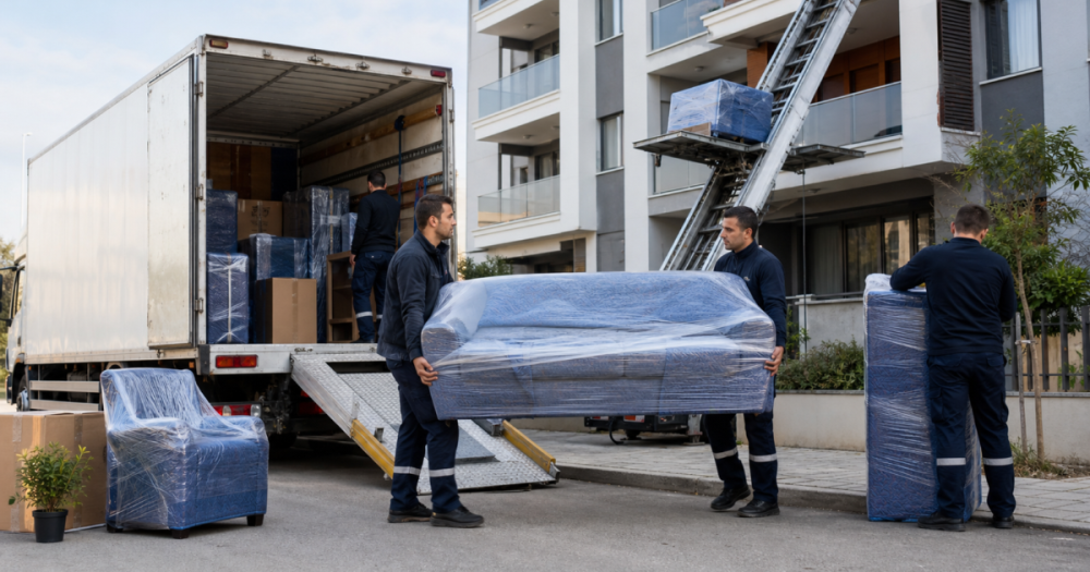 Ev eşyalarını paketleyip asansörlü kamyona taşıyan nakliyat ekibi