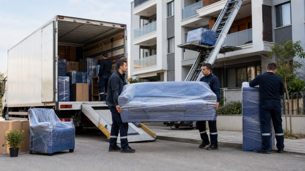 Ev eşyalarını paketleyip asansörlü kamyona taşıyan nakliyat ekibi