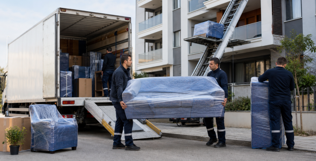 Ev eşyalarını paketleyip asansörlü kamyona taşıyan nakliyat ekibi