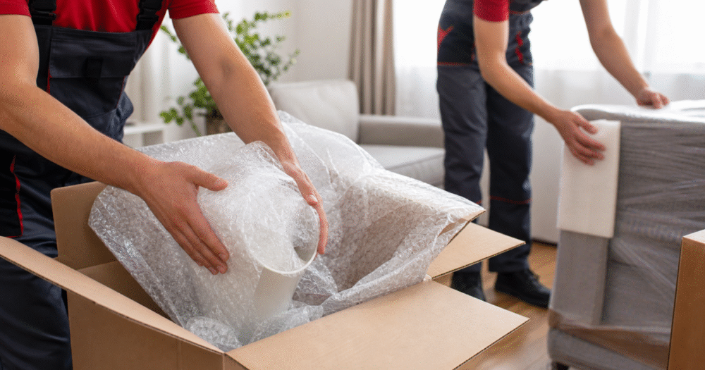 Ev eşyalarını balonlu naylon ve kolilerle koruyan paketleme ekibi